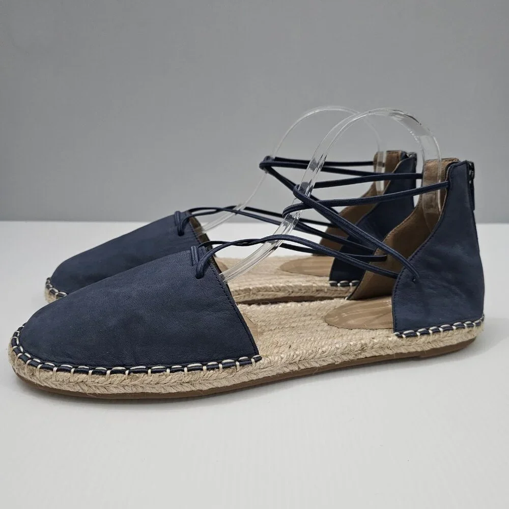 Eileen Fisher Lace Up Espadrille Flats Womens 11 Denim Blue Leather Sandal